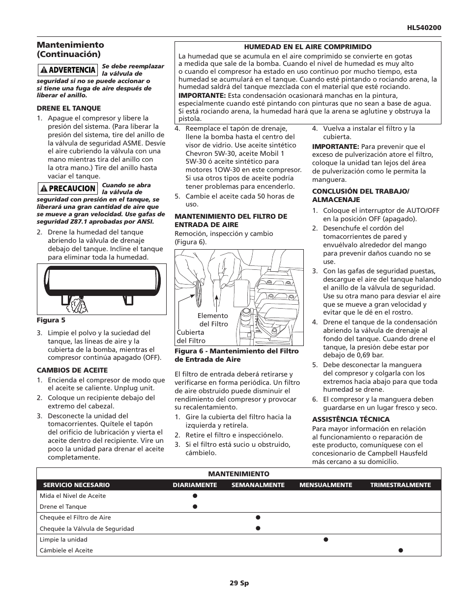 Mantenimiento (continuación) | Campbell Hausfeld HL540200 User Manual | Page 29 / 36
