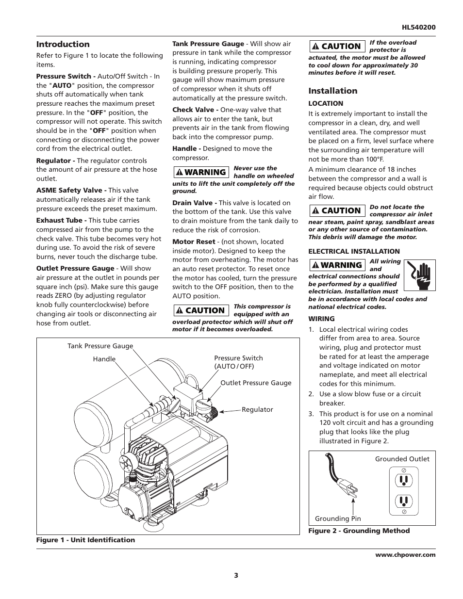 Introduction, Installation | Campbell Hausfeld HL540200 User Manual | Page 3 / 36