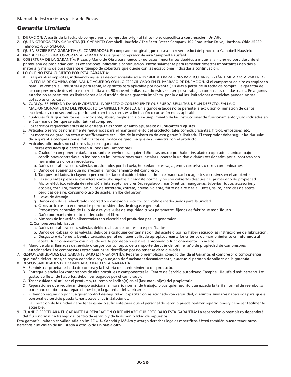 Garantía limitada | Campbell Hausfeld HL540200 User Manual | Page 36 / 36