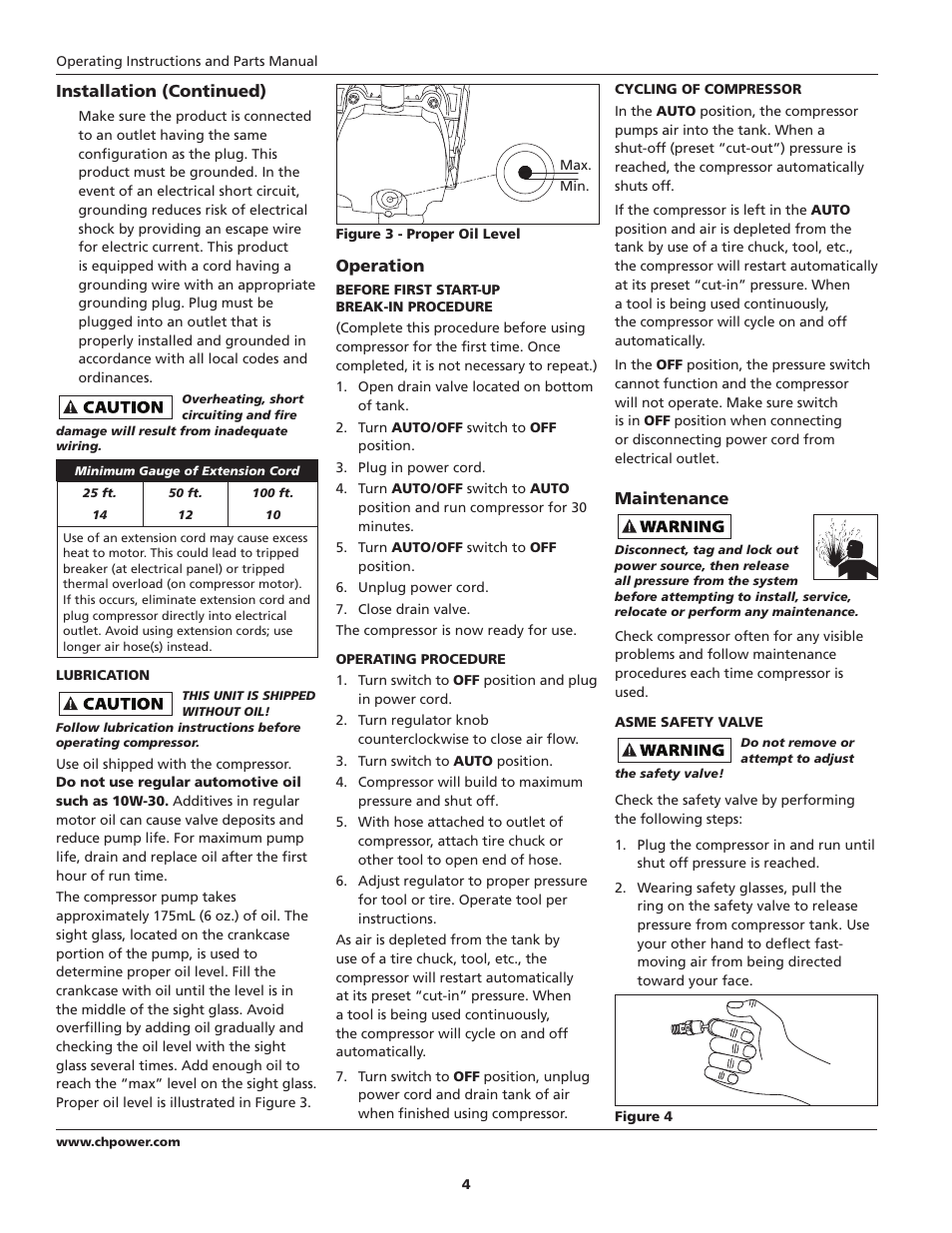 Installation (continued), Operation, Maintenance | Campbell Hausfeld HL540200 User Manual | Page 4 / 36