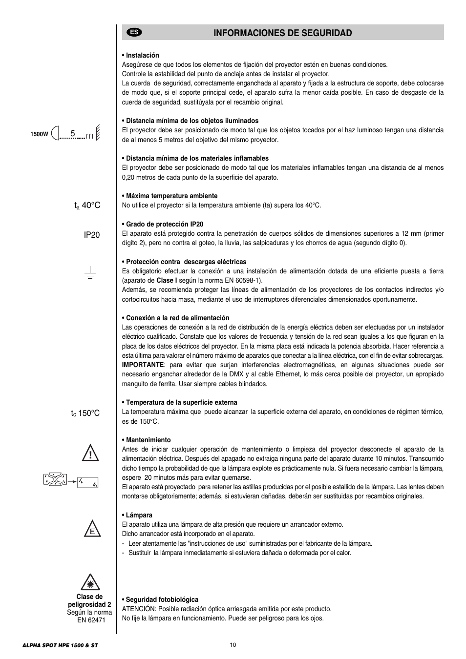 10 informaciones de suguridad, Informaciones de seguridad | Clay Paky ALPHA SPOT HPE 1500 ST User Manual | Page 10 / 43