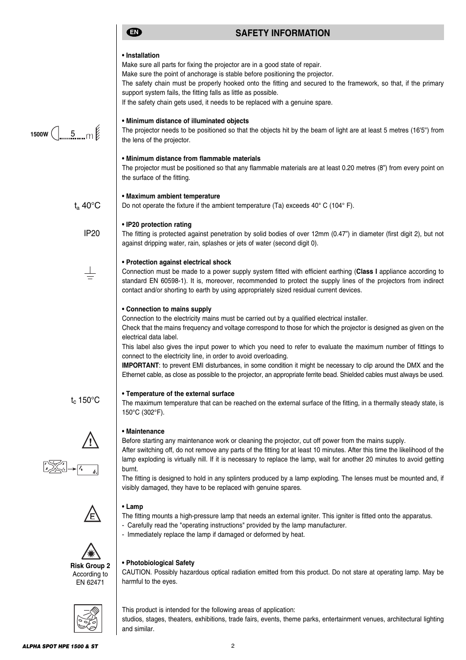 Safety information | Clay Paky ALPHA SPOT HPE 1500 ST User Manual | Page 2 / 43