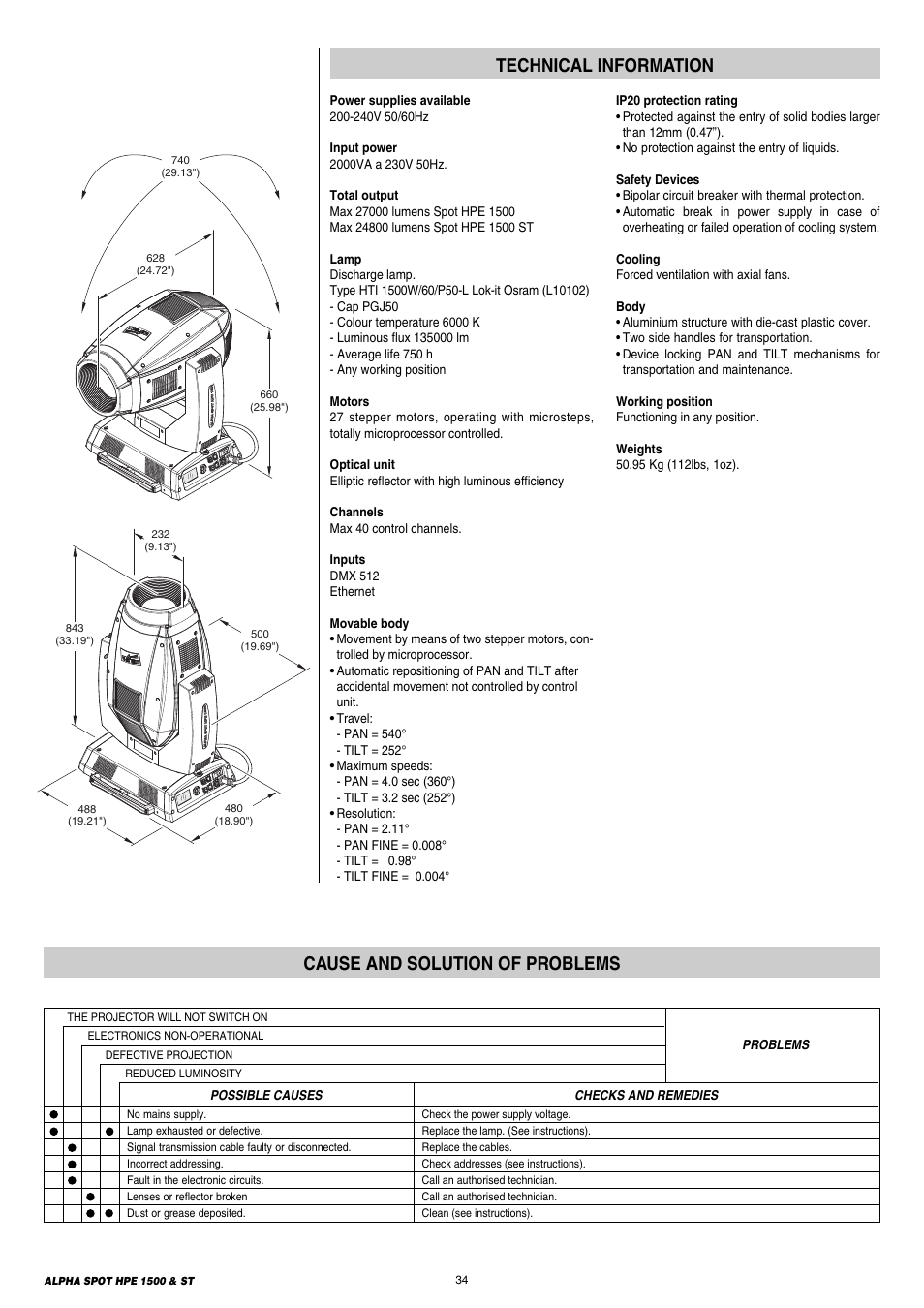34 technical information, 34 cause and solution of problems | Clay Paky ALPHA SPOT HPE 1500 ST User Manual | Page 34 / 43