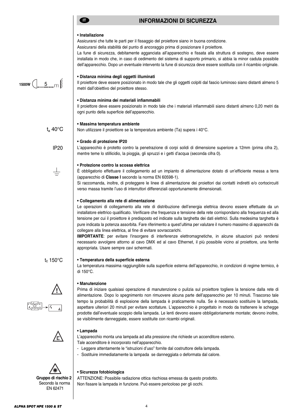 Informazioni di sicurezza | Clay Paky ALPHA SPOT HPE 1500 ST User Manual | Page 4 / 43