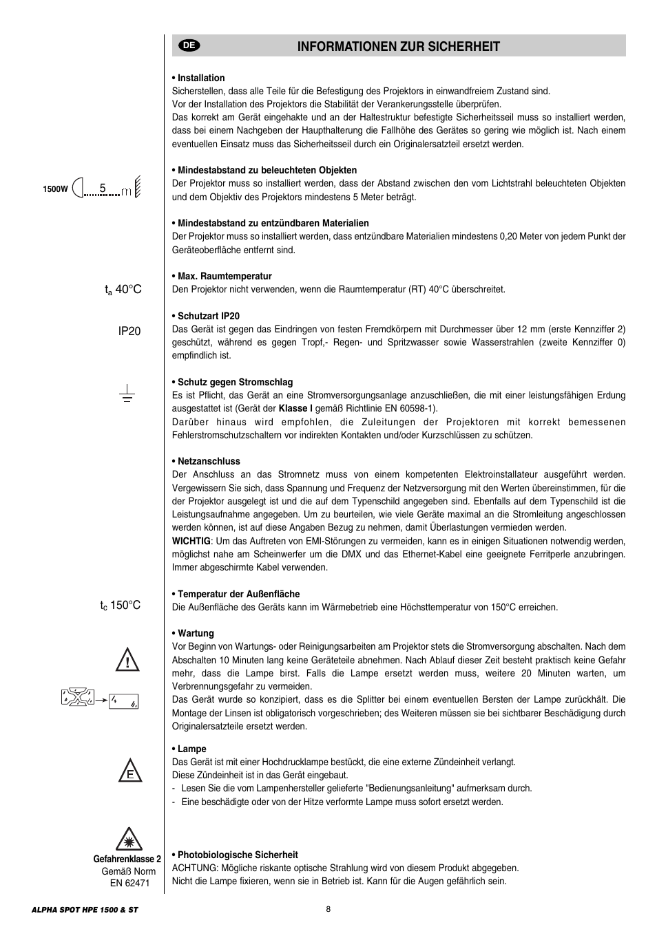 Informationen zur sicherheit | Clay Paky ALPHA SPOT HPE 1500 ST User Manual | Page 8 / 43