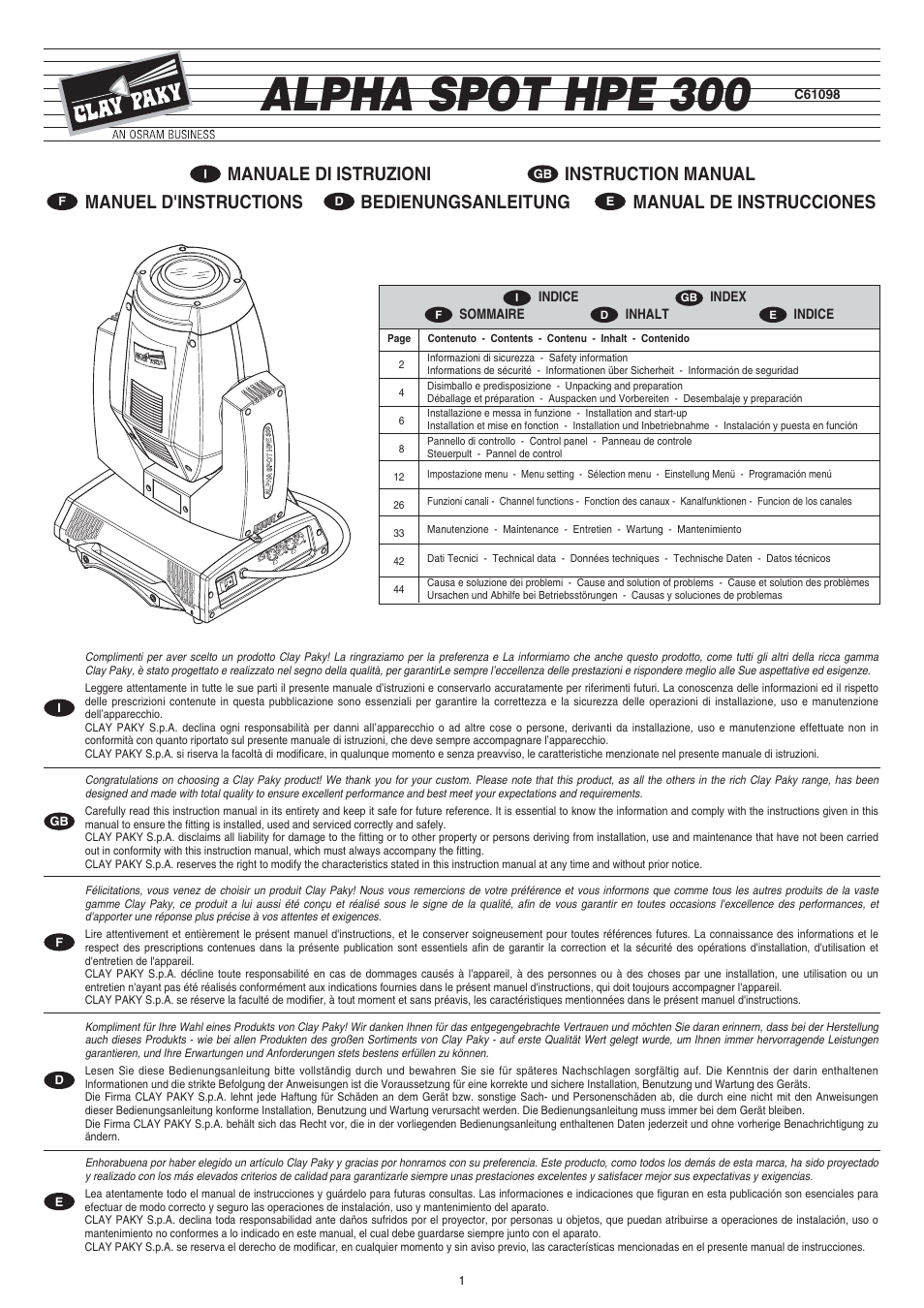 Clay Paky ALPHA SPOT HPE 300 User Manual | 44 pages