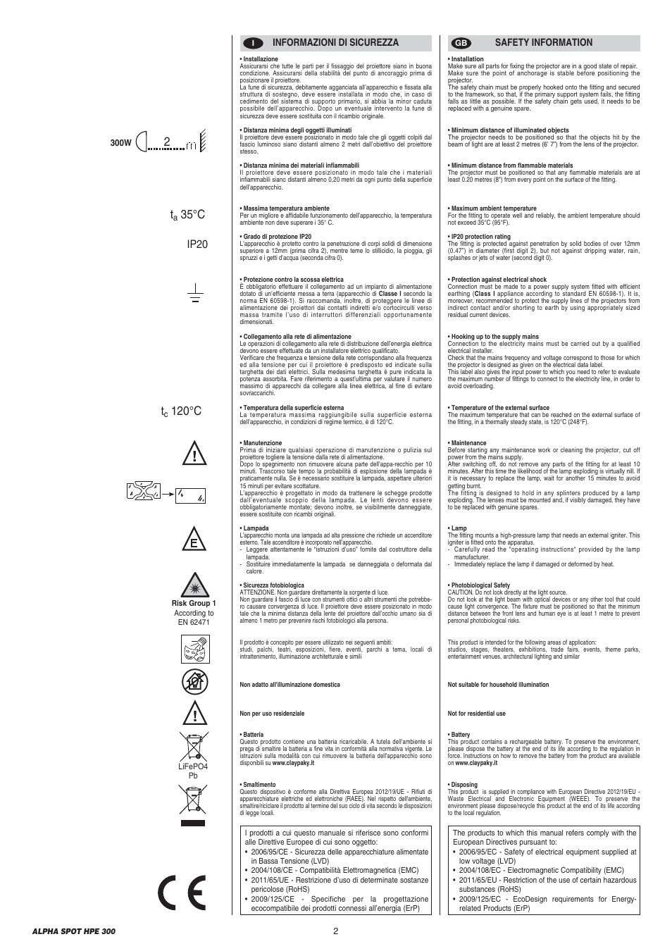 35°c t, 120°c, Ip20 | Clay Paky ALPHA SPOT HPE 300 User Manual | Page 2 / 44