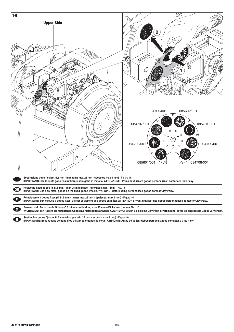 Clay Paky ALPHA SPOT HPE 300 User Manual | Page 36 / 44