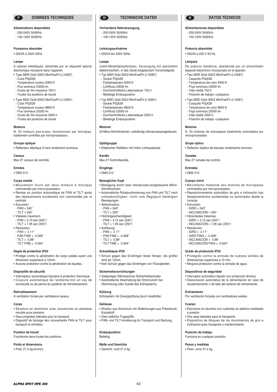 Clay Paky ALPHA SPOT HPE 300 User Manual | Page 43 / 44