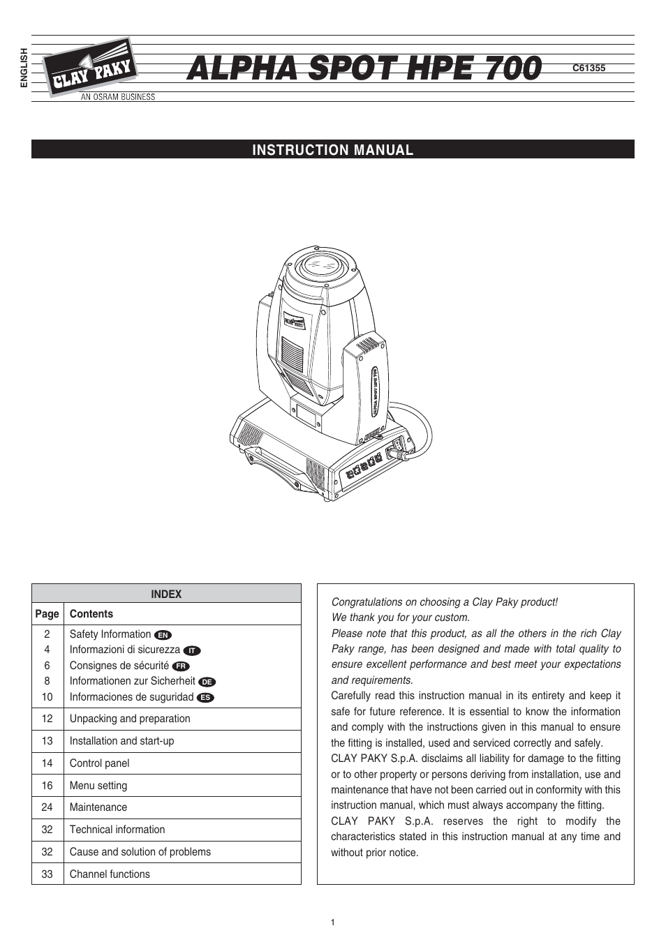 Clay Paky ALPHA SPOT HPE 700 User Manual | 40 pages