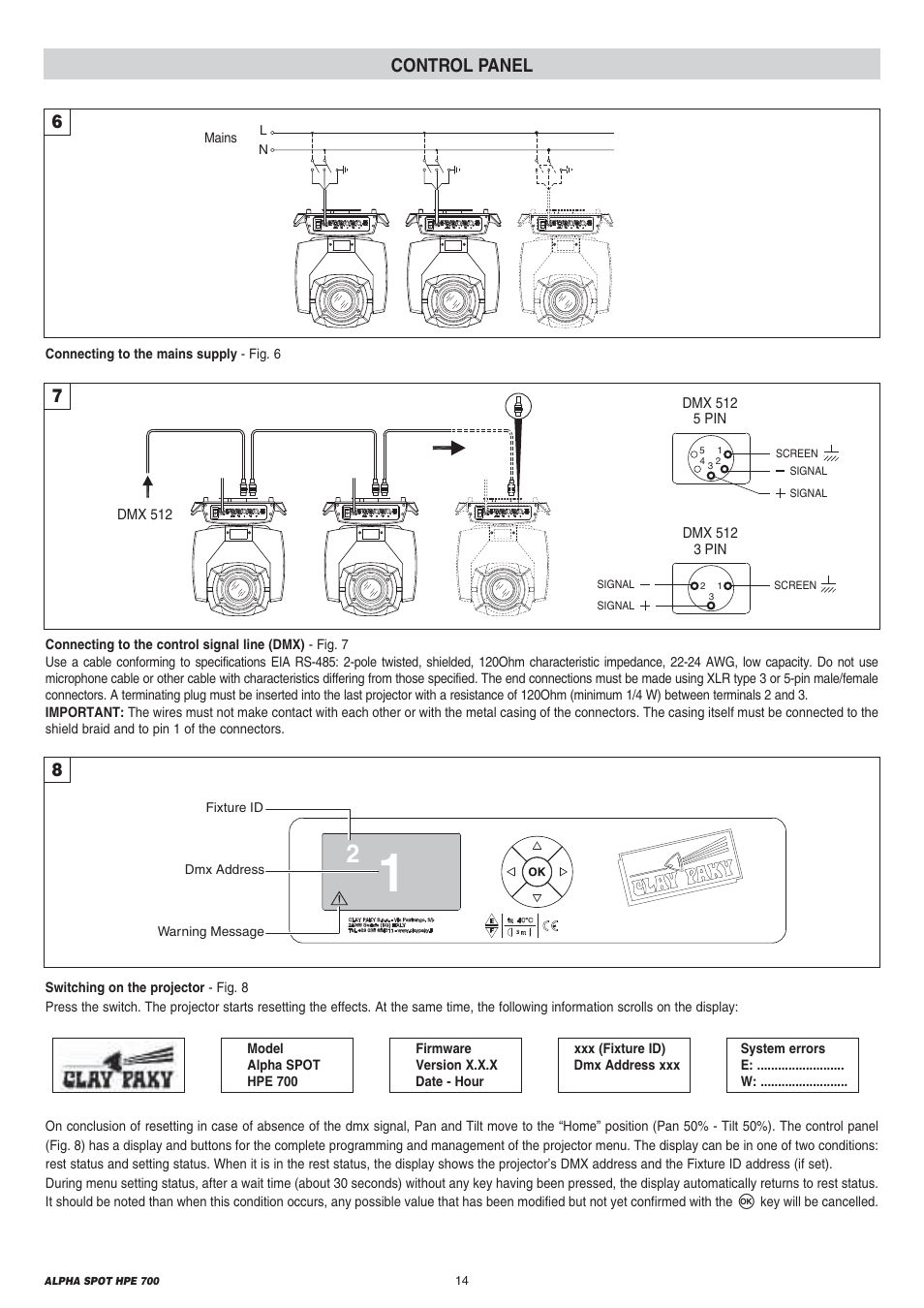 Control panel | Clay Paky ALPHA SPOT HPE 700 User Manual | Page 14 / 40