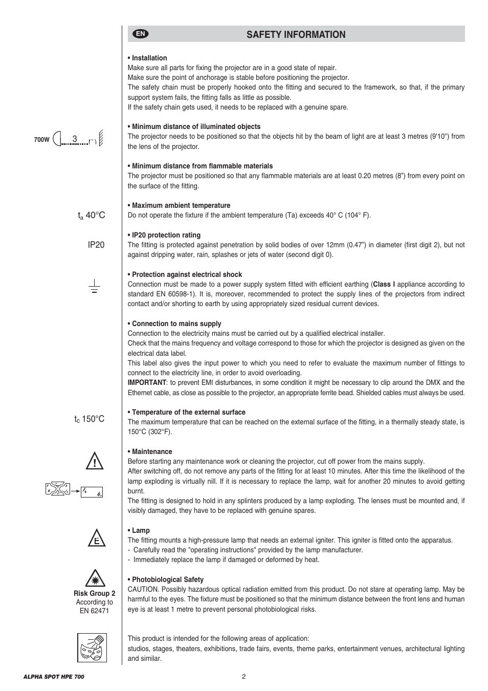 Safety information | Clay Paky ALPHA SPOT HPE 700 User Manual | Page 2 / 40