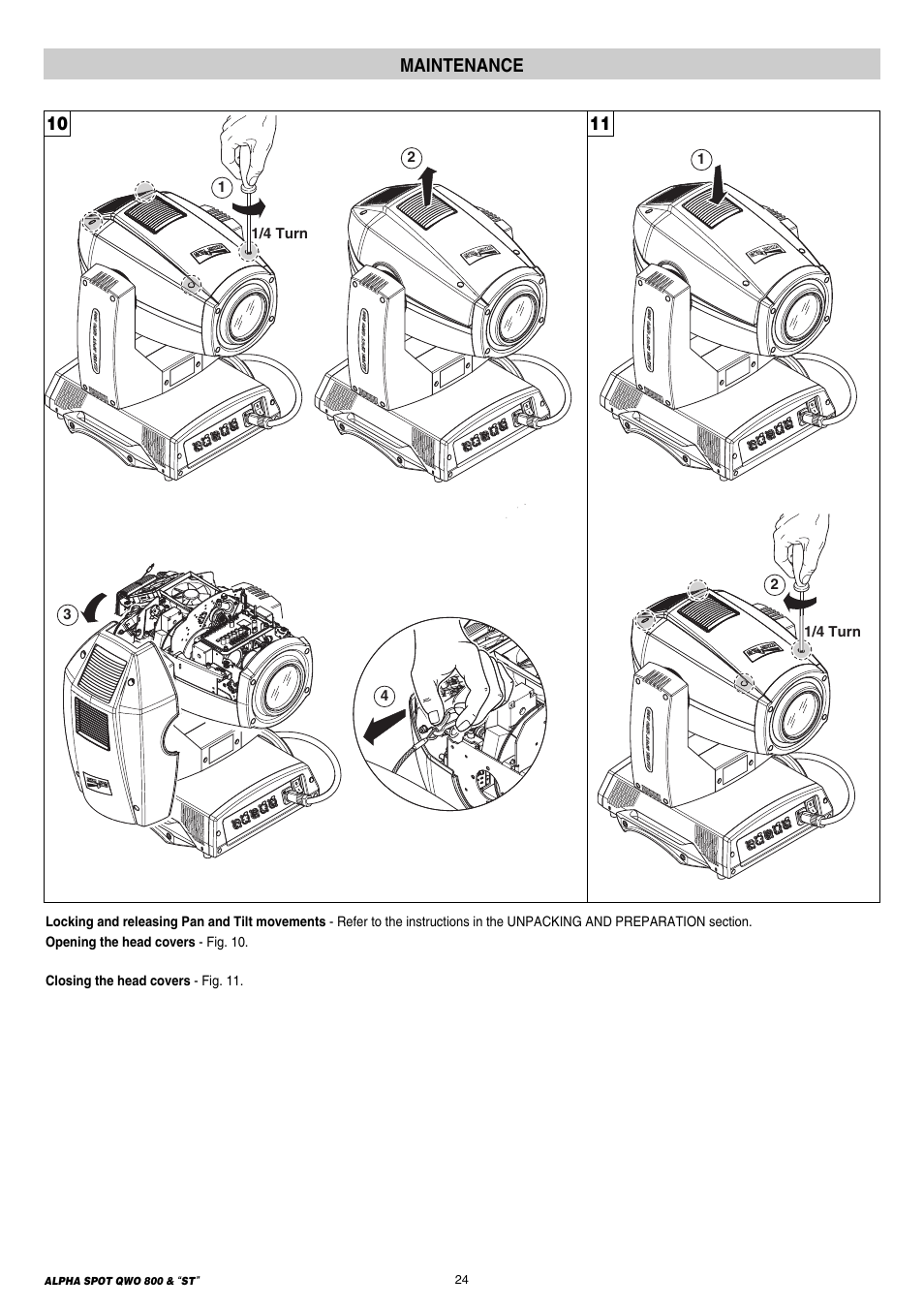 24 maintenance, 10 11 maintenance | Clay Paky ALPHA SPOT QWO 800 “ST” User Manual | Page 24 / 44