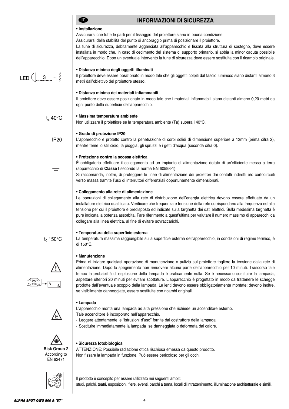 Informazioni di sicurezza | Clay Paky ALPHA SPOT QWO 800 “ST” User Manual | Page 4 / 44