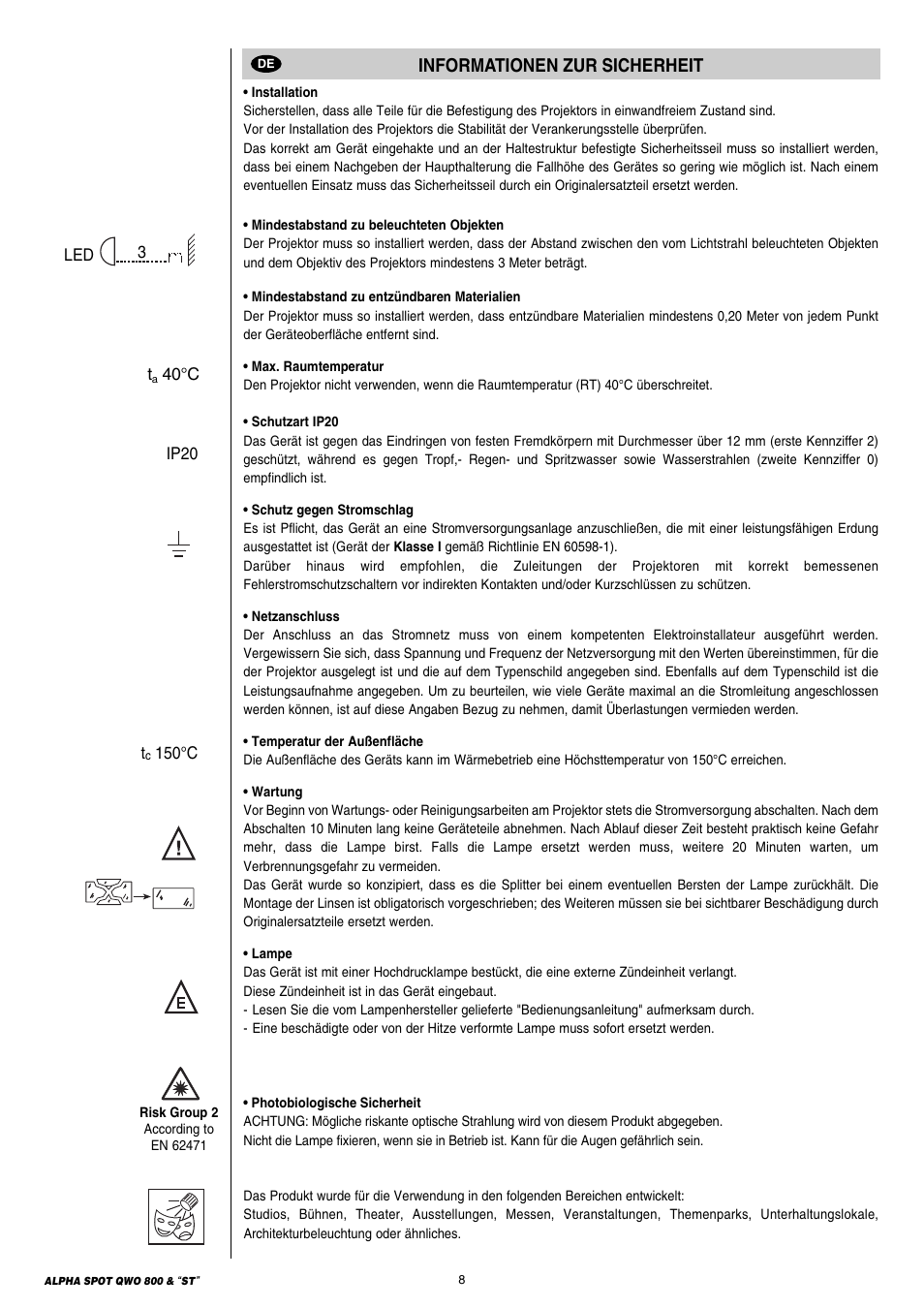 8 informationen zur sicherheit, Informationen zur sicherheit | Clay Paky ALPHA SPOT QWO 800 “ST” User Manual | Page 8 / 44