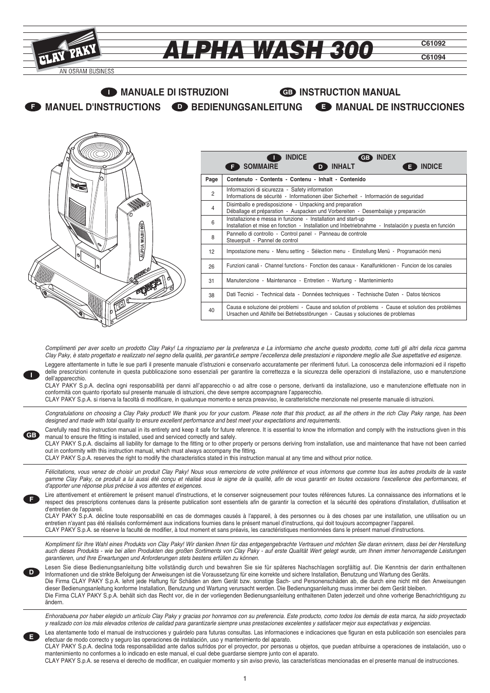 Clay Paky ALPHA WASH 300 User Manual | 40 pages