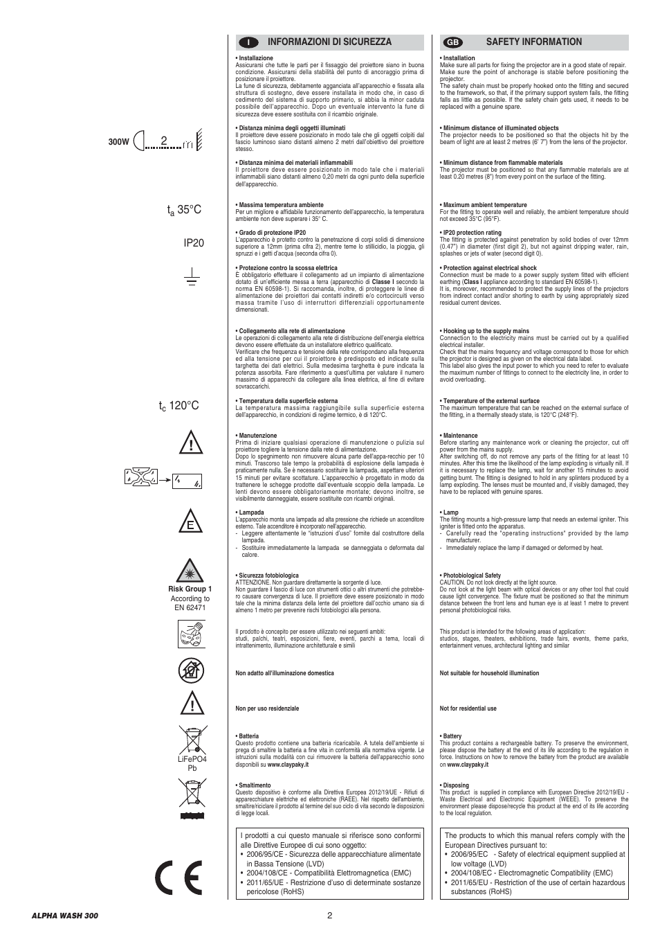 35°c t, 120°c, Ip20 | Clay Paky ALPHA WASH 300 User Manual | Page 2 / 40