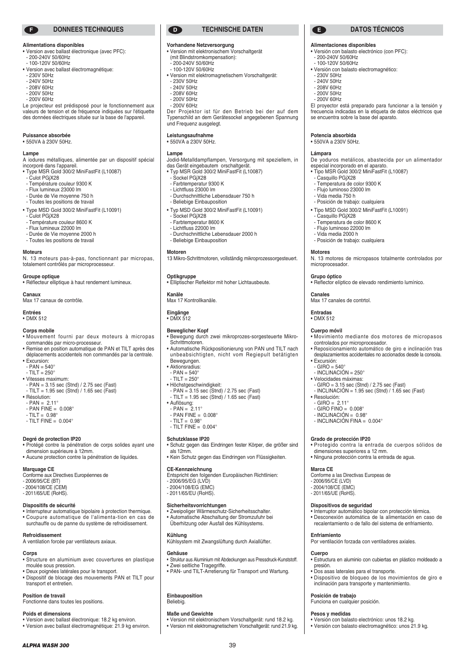 Clay Paky ALPHA WASH 300 User Manual | Page 39 / 40