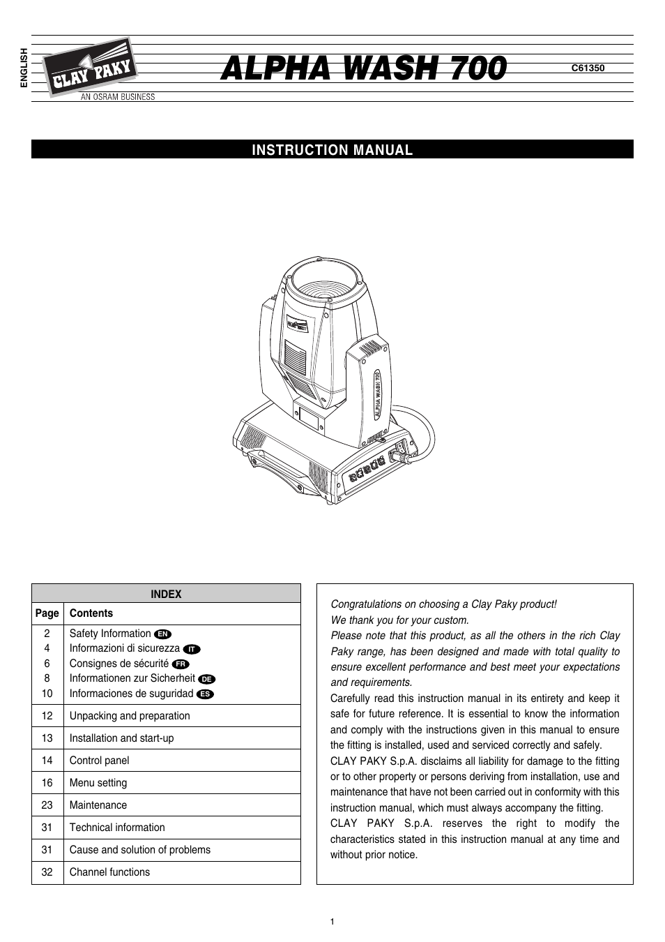 Clay Paky ALPHA WASH 700 User Manual | 36 pages