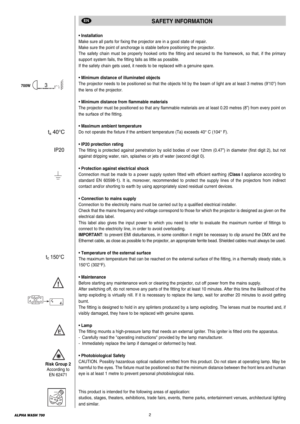 Safety information | Clay Paky ALPHA WASH 700 User Manual | Page 2 / 36
