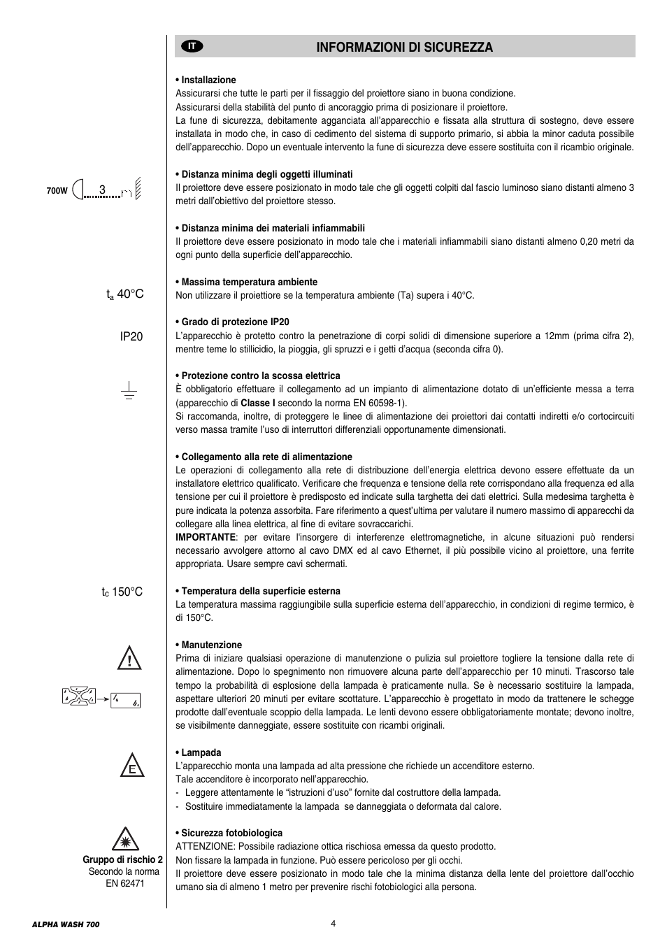 Informazioni di sicurezza | Clay Paky ALPHA WASH 700 User Manual | Page 4 / 36