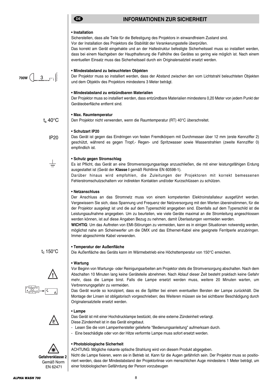 Informationen zur sicherheit | Clay Paky ALPHA WASH 700 User Manual | Page 8 / 36