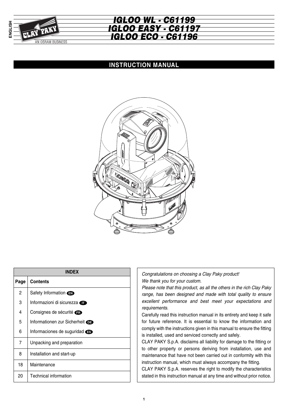 Clay Paky IGLOO ECO - C61196 User Manual | 20 pages
