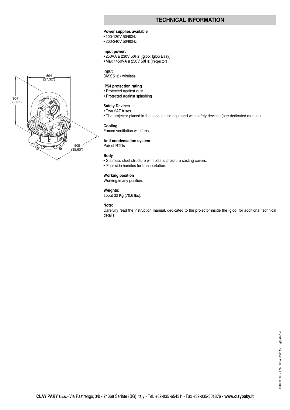 Technical information, Clay paky | Clay Paky IGLOO ECO - C61196 User Manual | Page 20 / 20