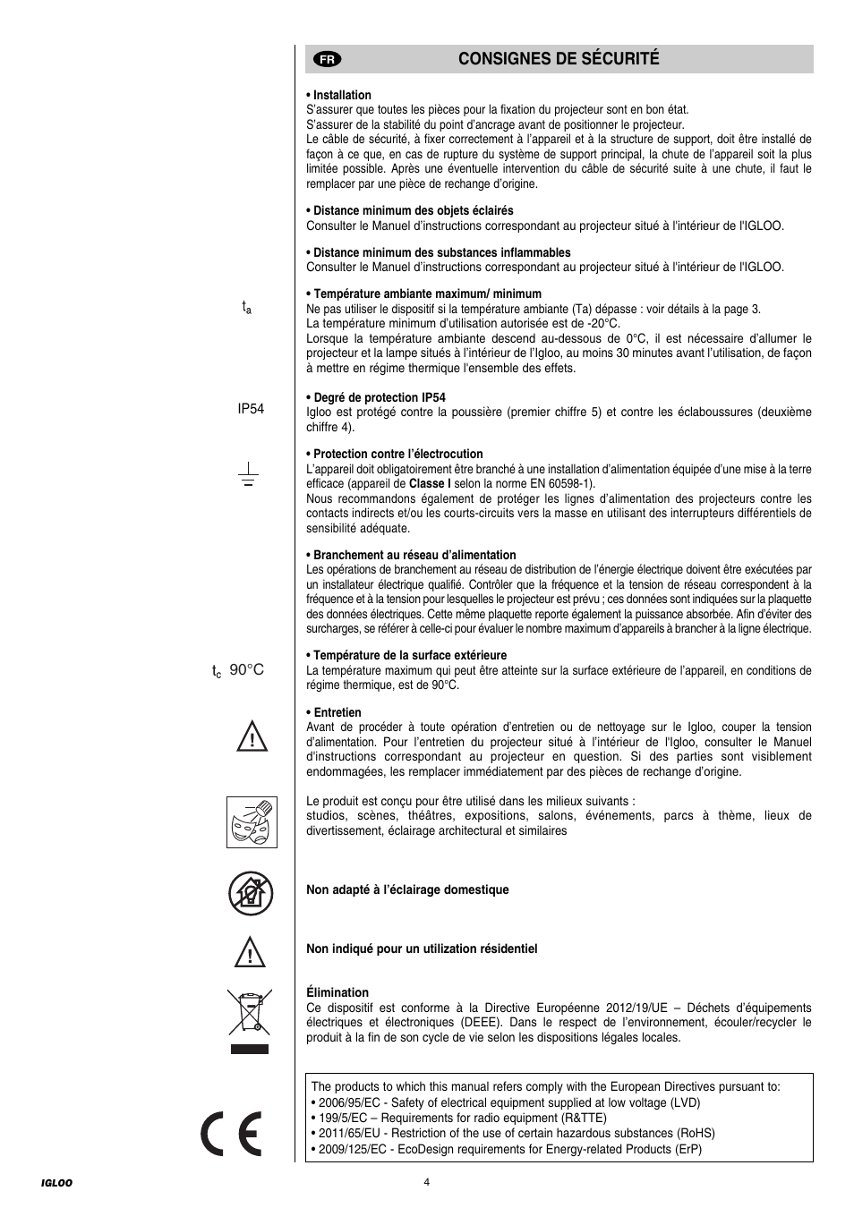 Consignes de sécurité | Clay Paky IGLOO ECO - C61196 User Manual | Page 4 / 20