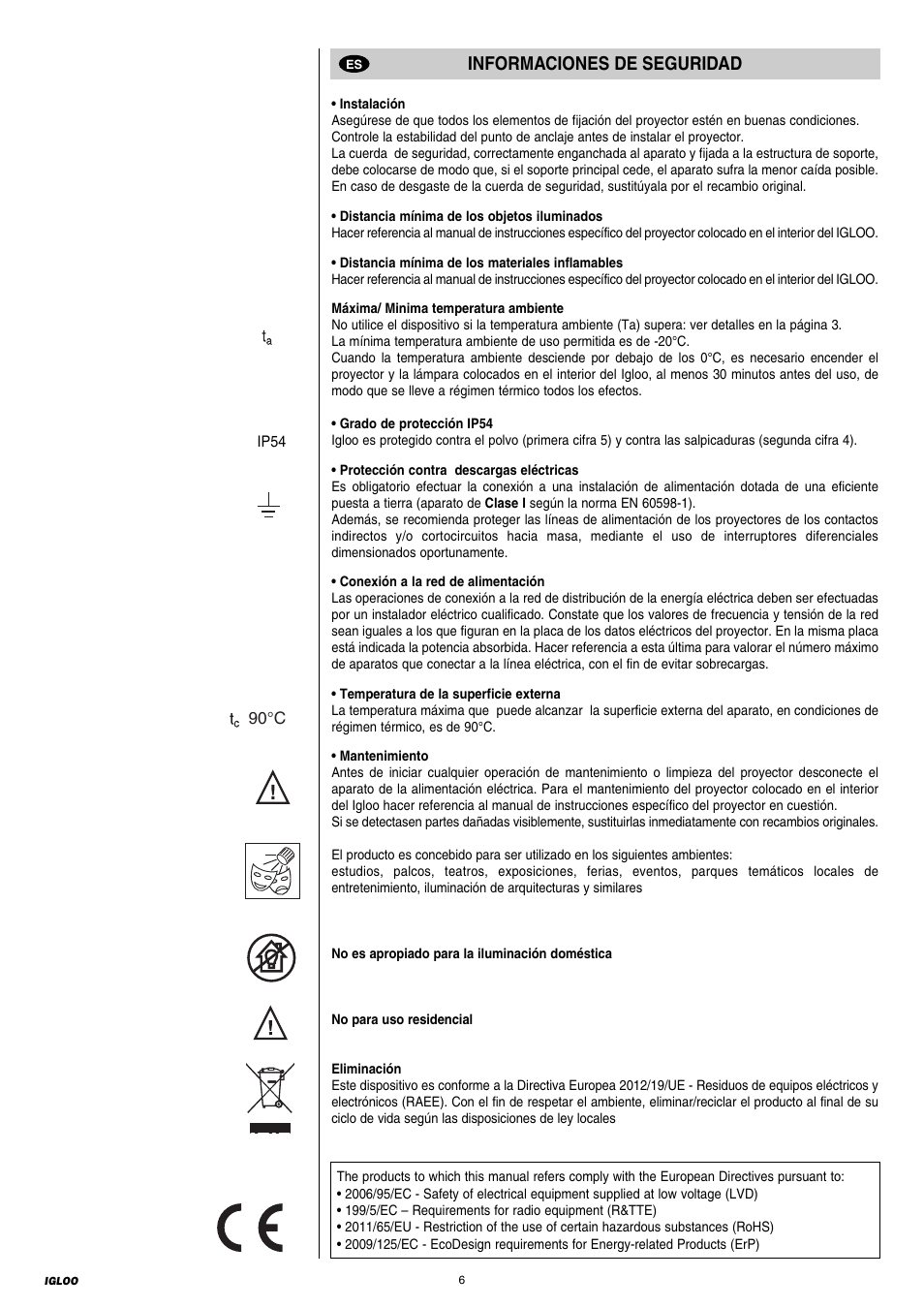 Informaciones de suguridad, Informaciones de seguridad | Clay Paky IGLOO ECO - C61196 User Manual | Page 6 / 20