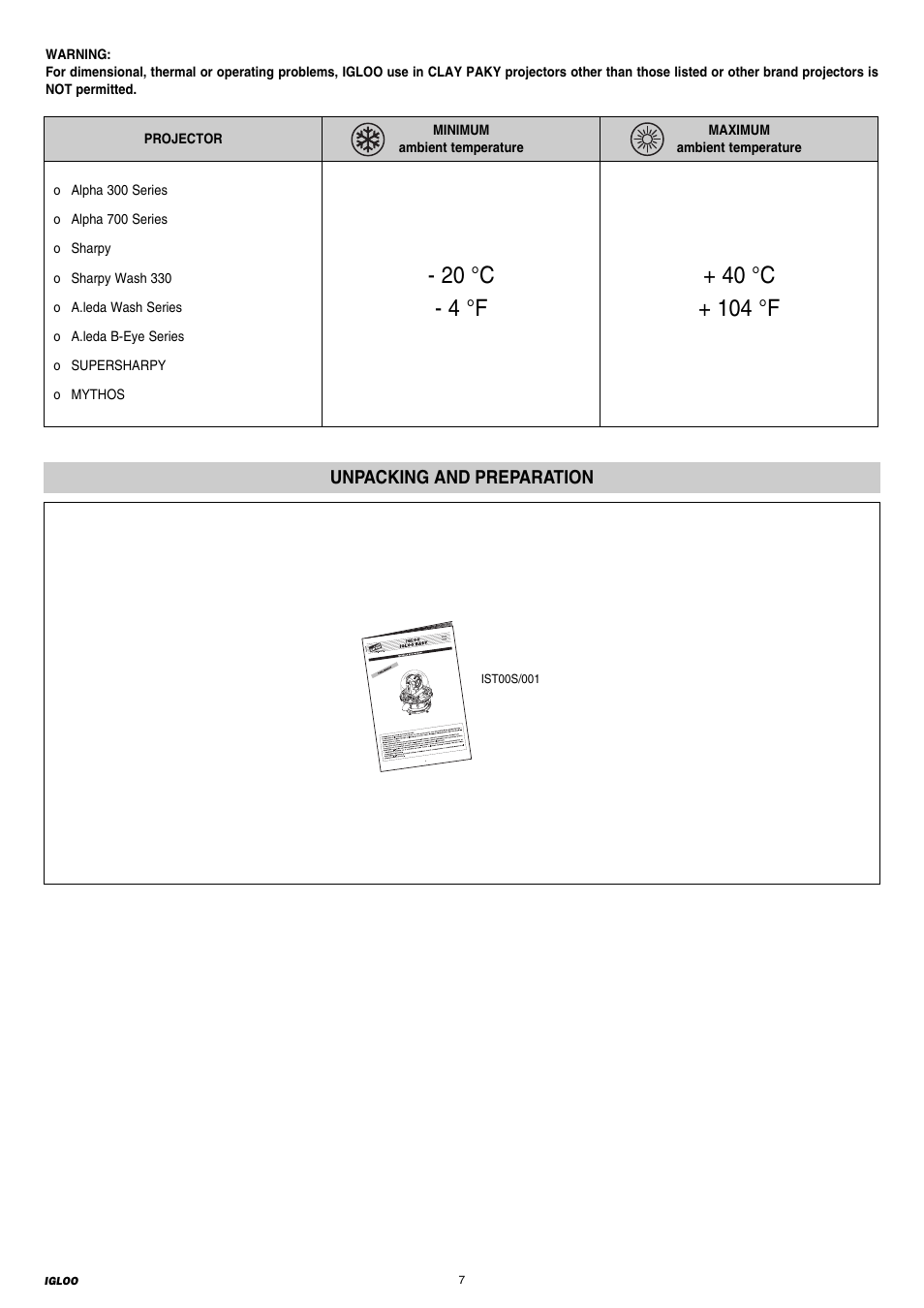 Unpacking and preparation | Clay Paky IGLOO ECO - C61196 User Manual | Page 7 / 20