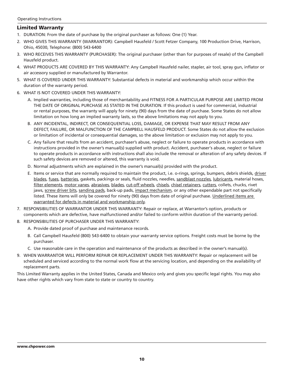 Campbell Hausfeld NB006750 User Manual | Page 10 / 32
