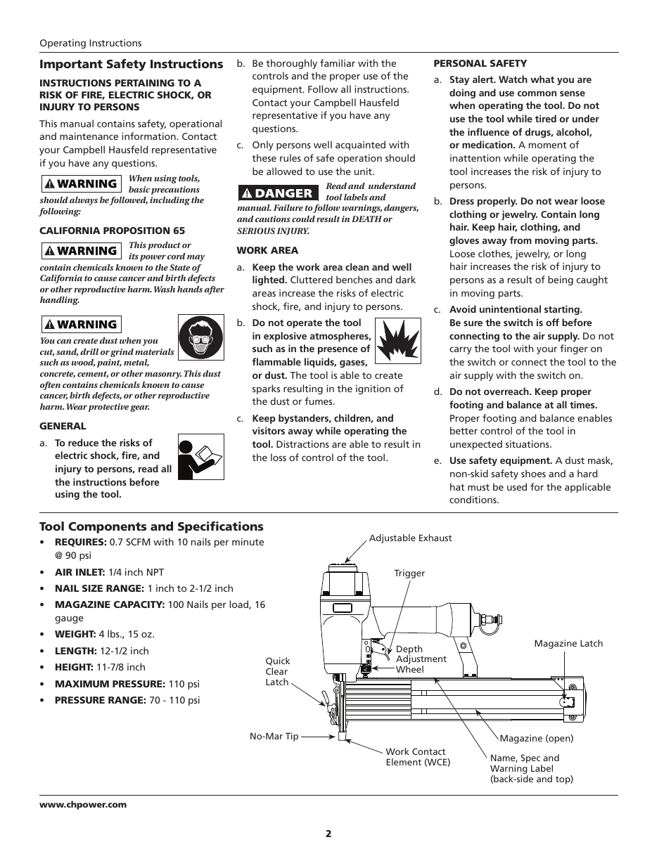 Important safety instructions, Tool components and specifications | Campbell Hausfeld NB006750 User Manual | Page 2 / 32