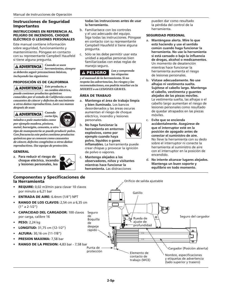 Instrucciones de seguridad importantes, Componentes y specificaciones de la herramienta | Campbell Hausfeld NB006750 User Manual | Page 22 / 32