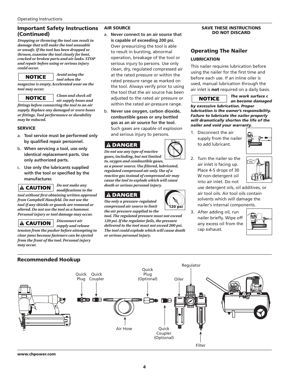 Important safety instructions, Continued), Operating the nailer | Recommended hookup | Campbell Hausfeld NB006750 User Manual | Page 4 / 32