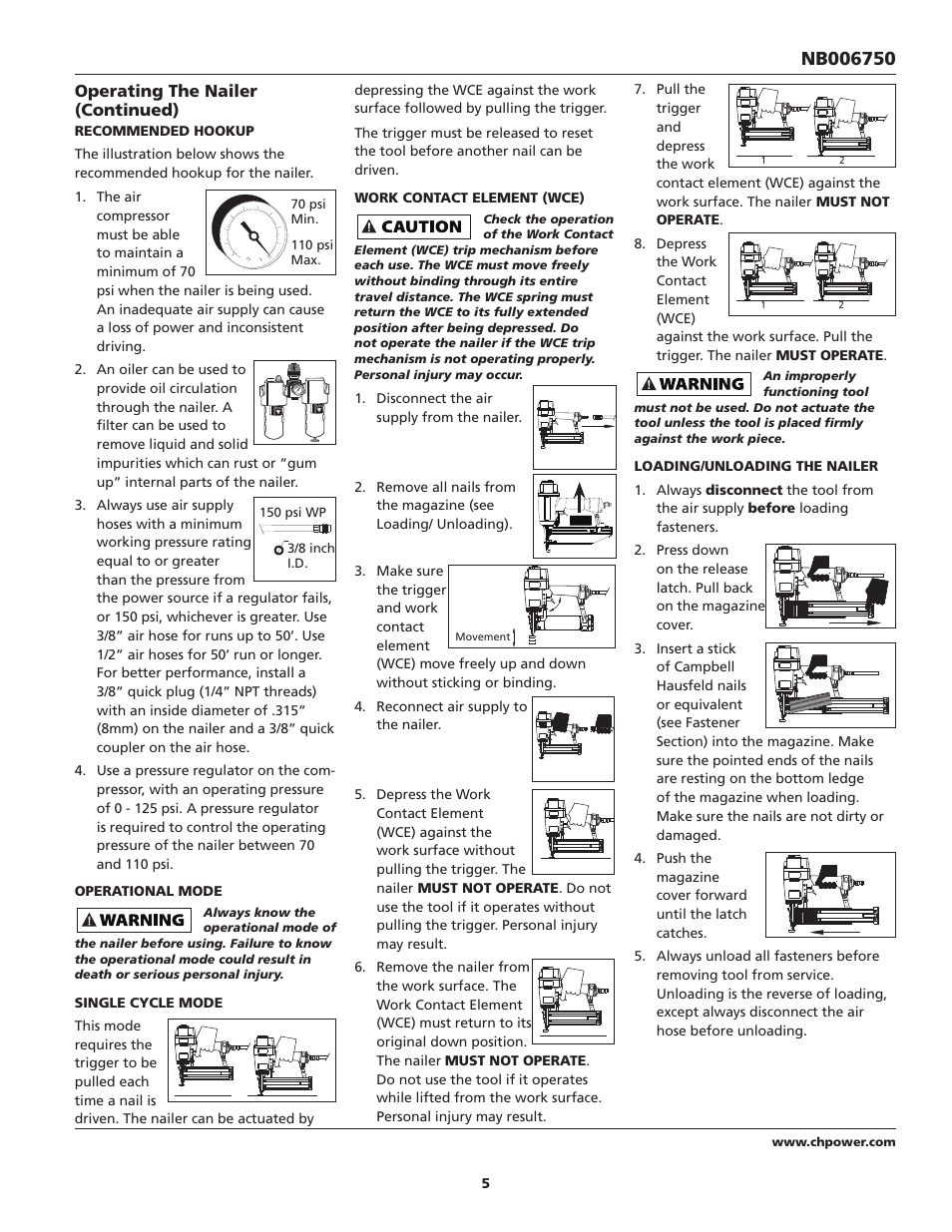 Operating the nailer (continued) | Campbell Hausfeld NB006750 User Manual | Page 5 / 32