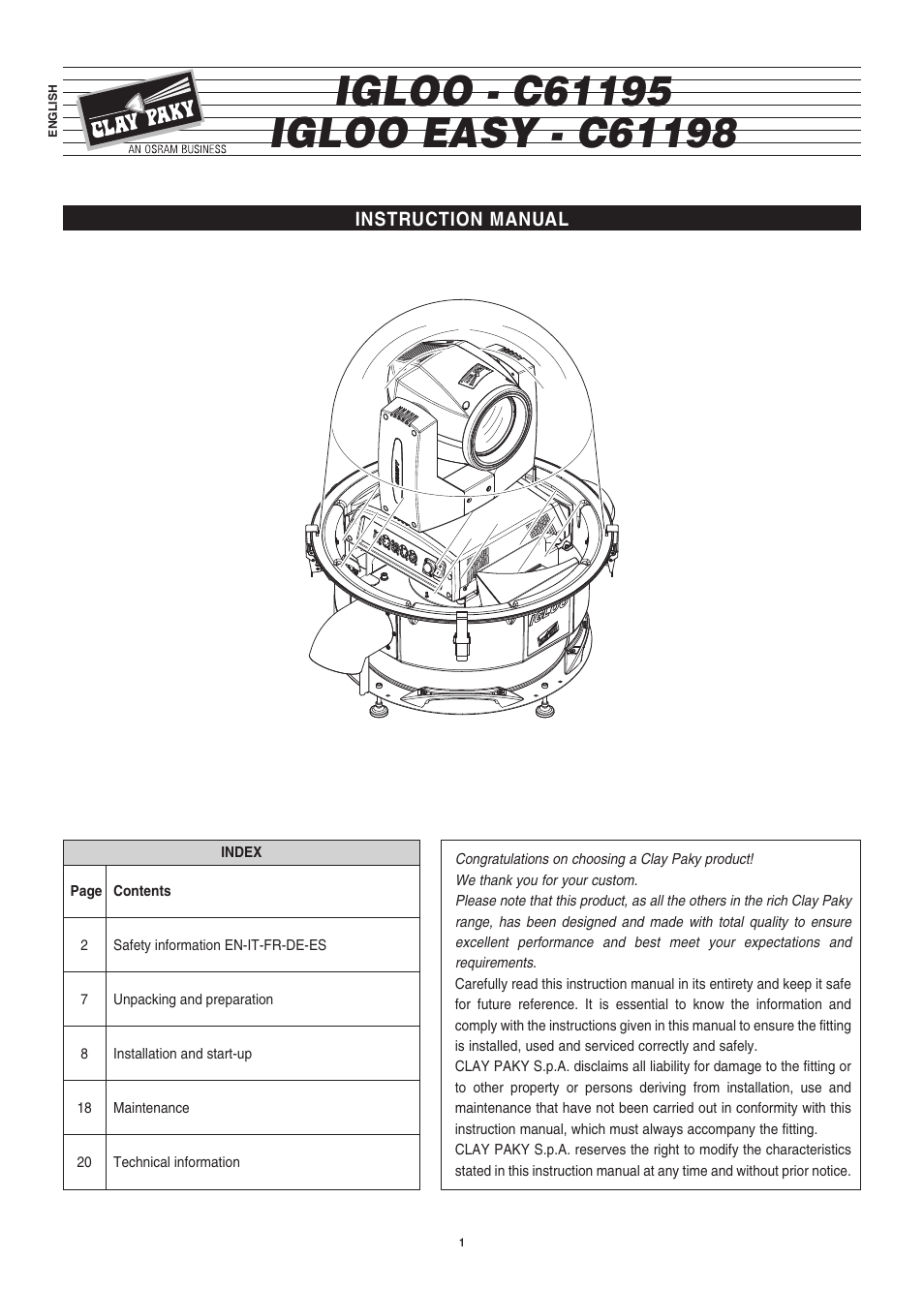 Clay Paky IGLOO EASY (C61198) User Manual | 20 pages