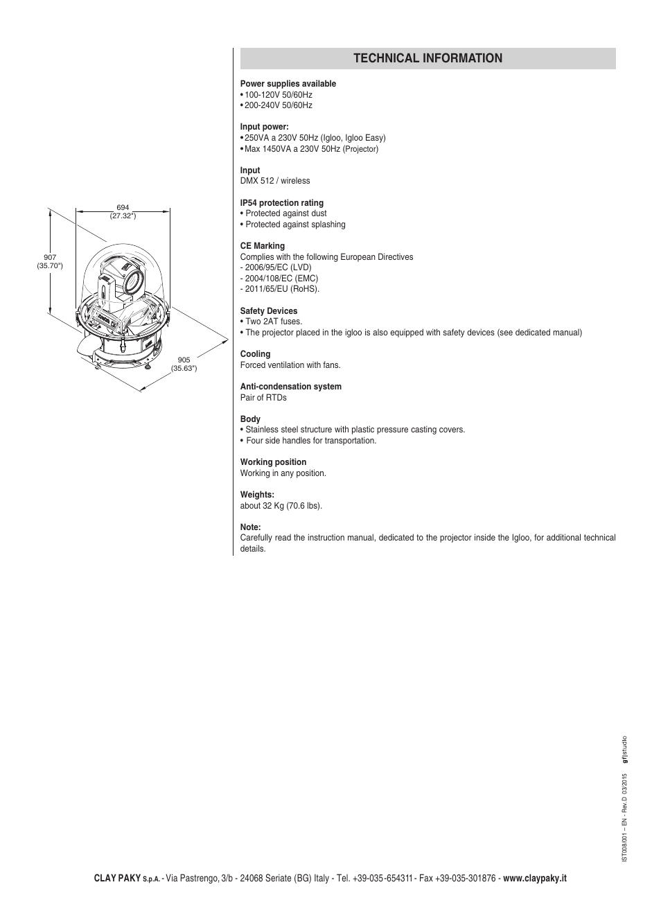 Technical information, Clay paky | Clay Paky IGLOO EASY (C61198) User Manual | Page 20 / 20