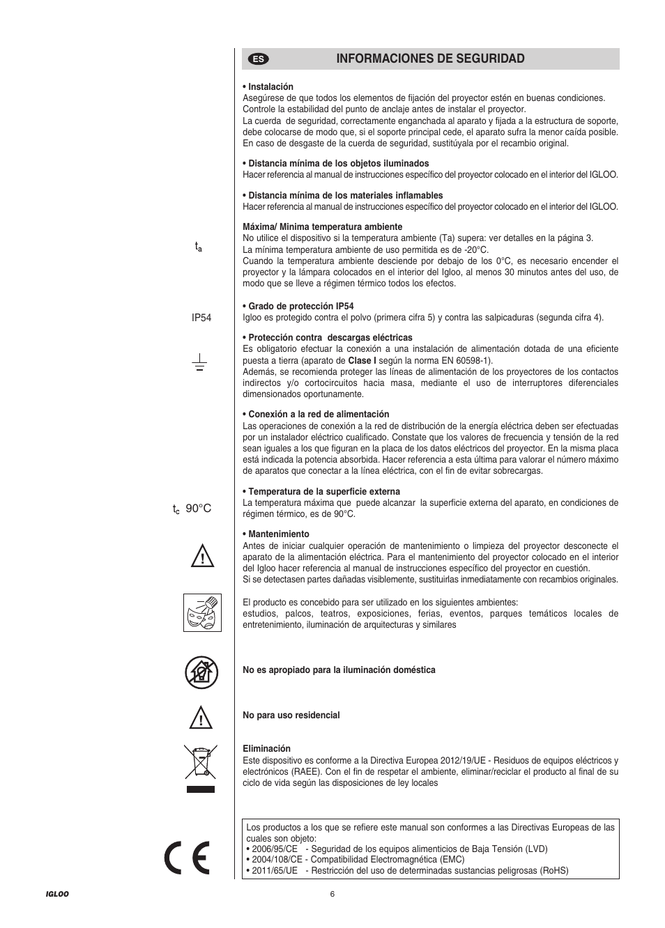 Informaciones de seguridad | Clay Paky IGLOO EASY (C61198) User Manual | Page 6 / 20