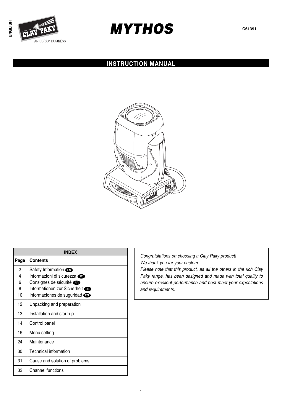 Clay Paky MYTHOS User Manual | 40 pages