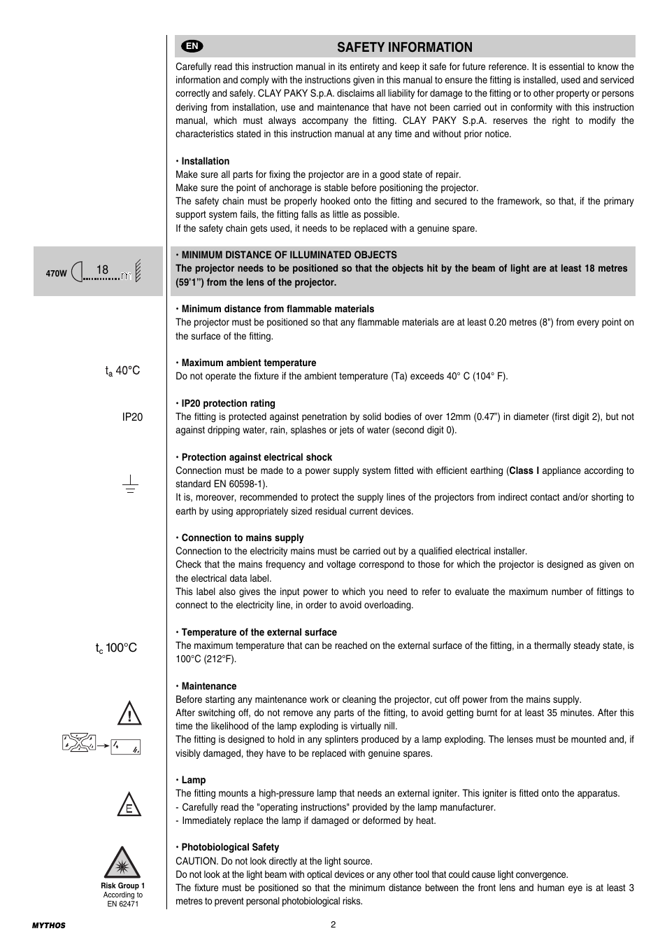 2 safety information, Safety information | Clay Paky MYTHOS User Manual | Page 2 / 40