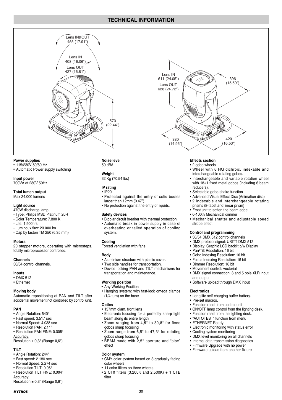 30 technical information, Technical information | Clay Paky MYTHOS User Manual | Page 30 / 40