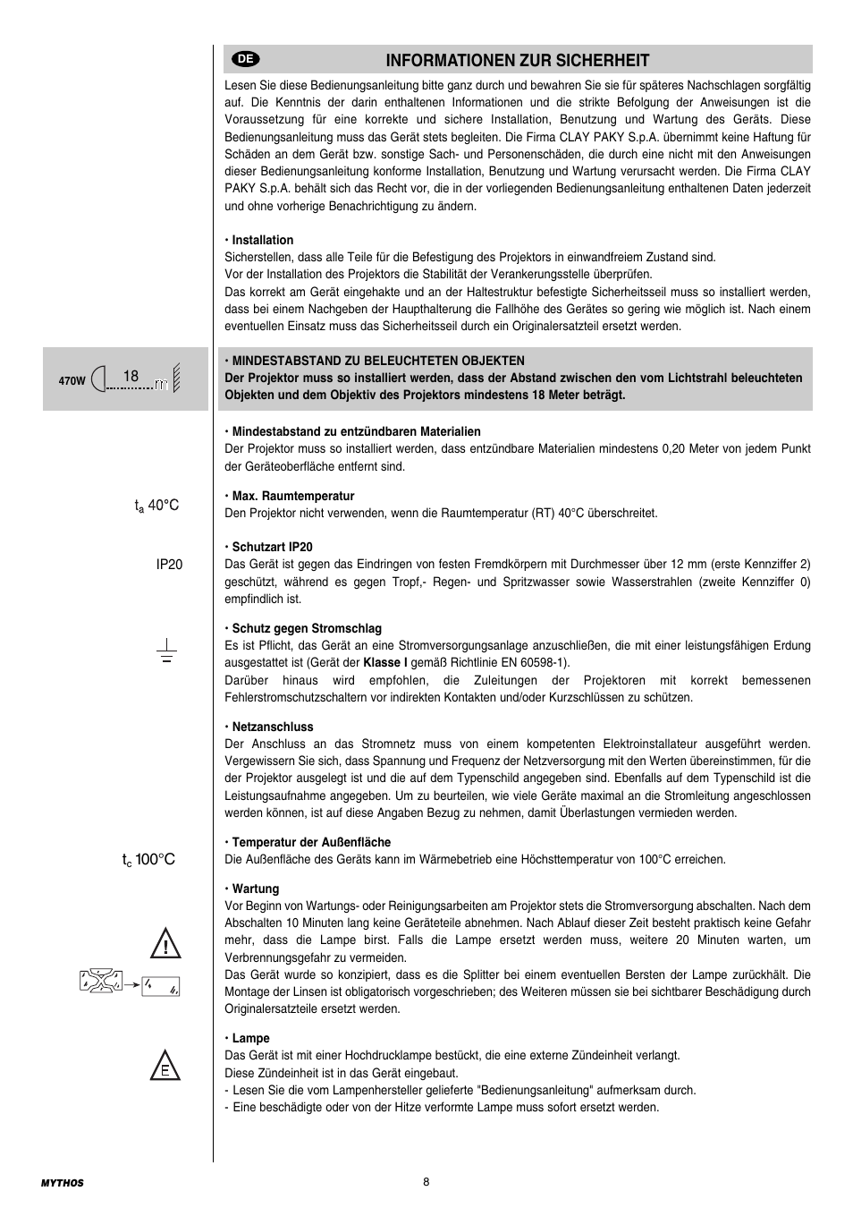 8 informationen zur sicherheit, Informationen zur sicherheit | Clay Paky MYTHOS User Manual | Page 8 / 40