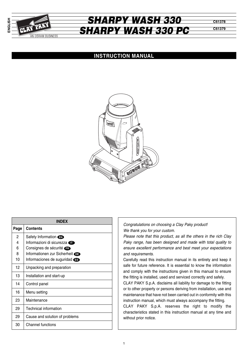 Clay Paky SHARPY WASH 330 PC User Manual | 36 pages