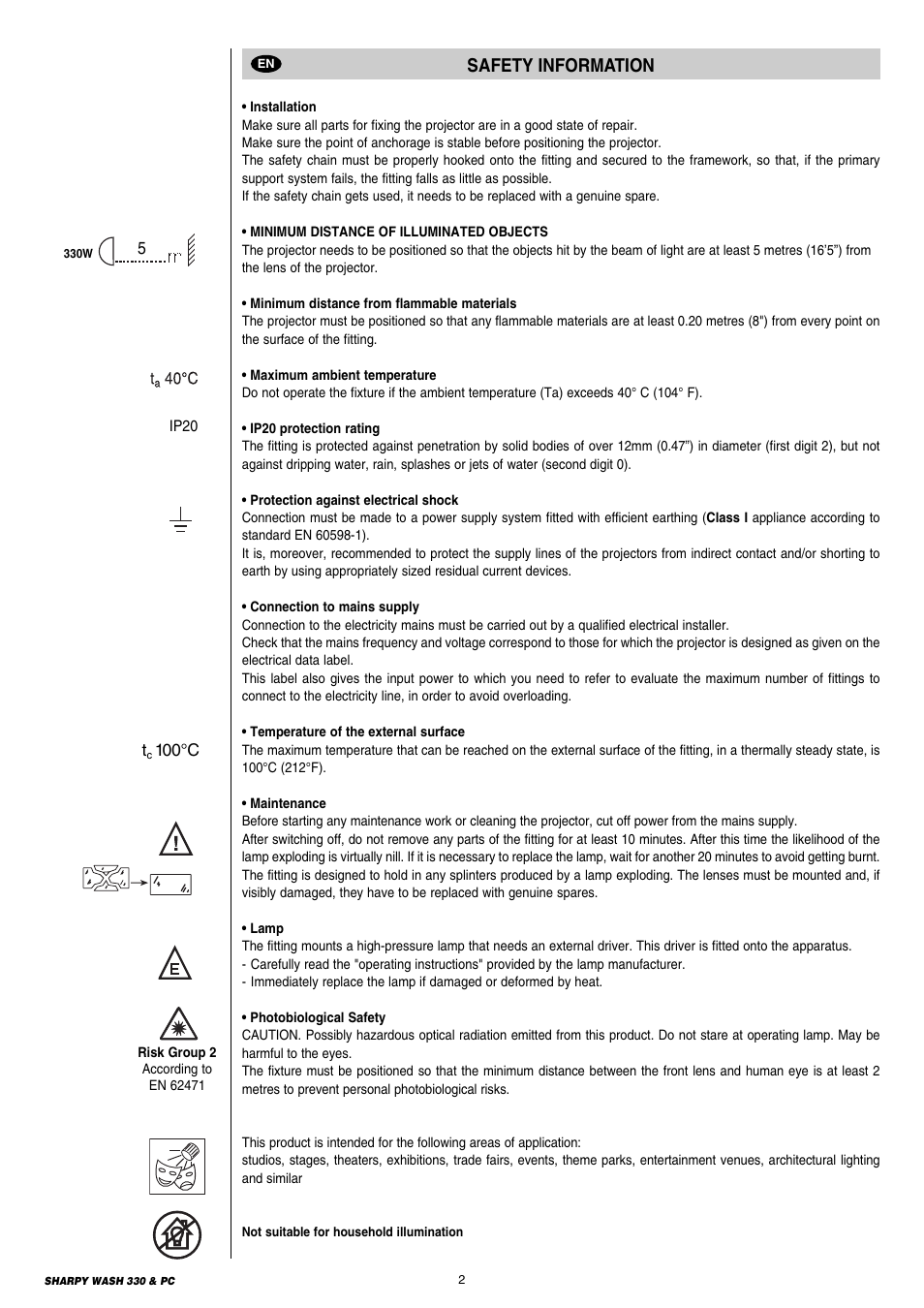 2 safety information 4 informazioni di sicurezza, Safety information | Clay Paky SHARPY WASH 330 PC User Manual | Page 2 / 36