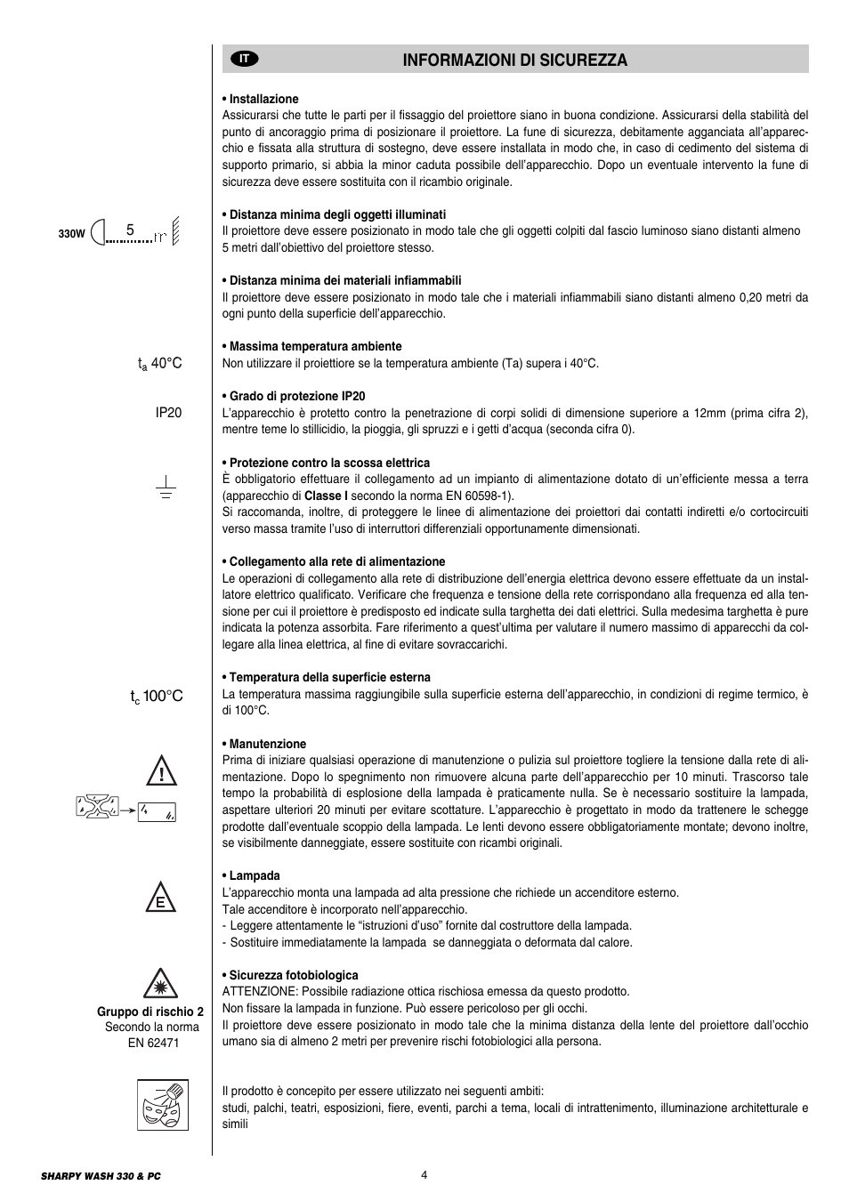 Informazioni di sicurezza | Clay Paky SHARPY WASH 330 PC User Manual | Page 4 / 36