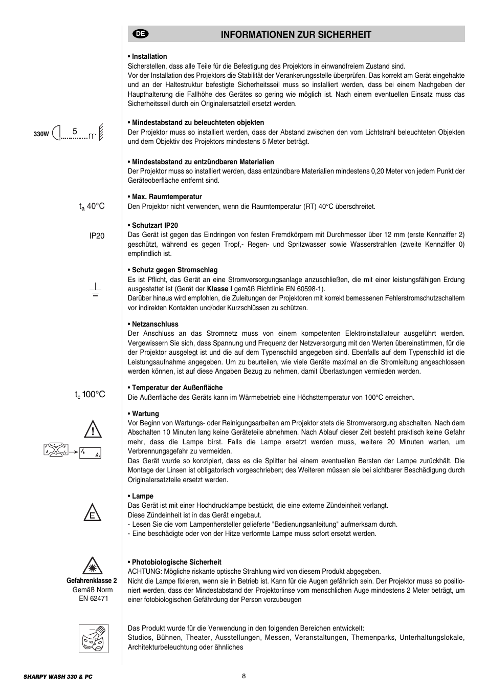 8 informationen zur sicherheit, Informationen zur sicherheit | Clay Paky SHARPY WASH 330 PC User Manual | Page 8 / 36