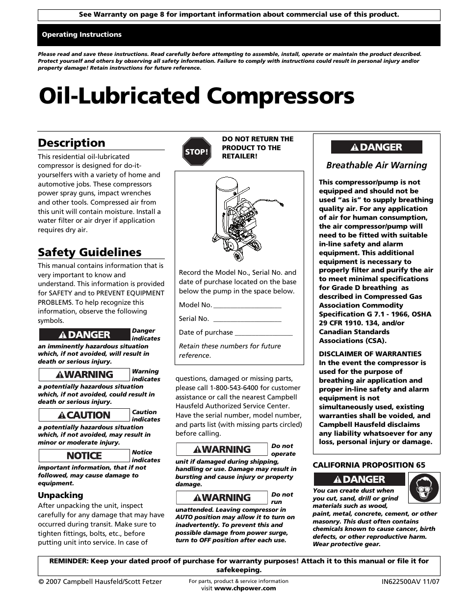 Campbell Hausfeld Air Compressor User Manual | 24 pages