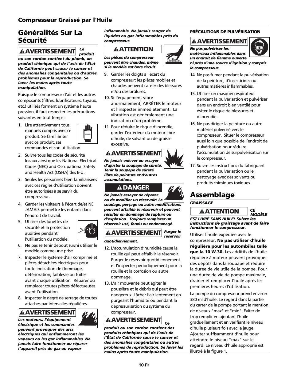 Généralités sur la sécurité, Assemblage, Compresseur graissé par l'huile | Campbell Hausfeld Air Compressor User Manual | Page 10 / 24