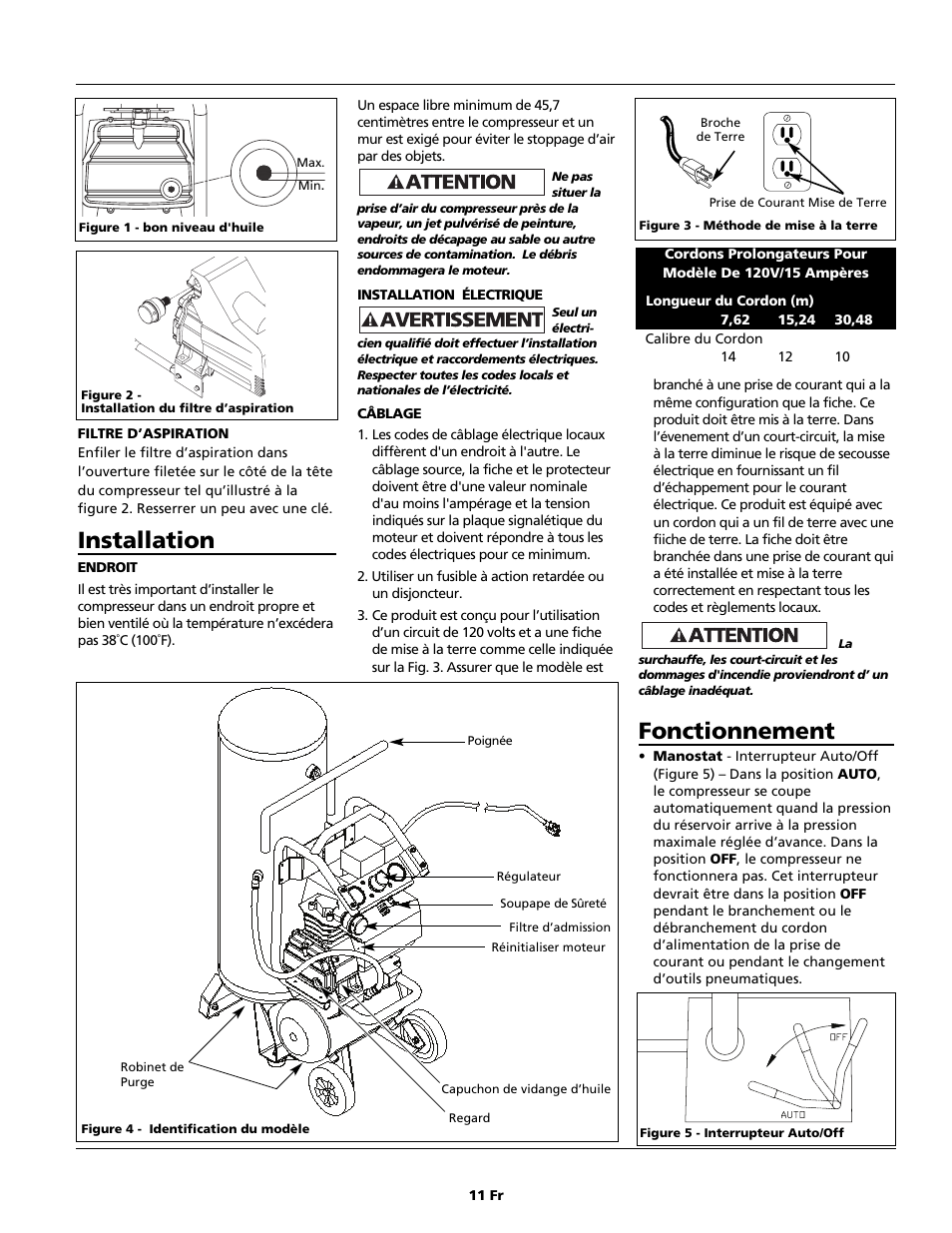 Installation, Fonctionnement | Campbell Hausfeld Air Compressor User Manual | Page 11 / 24